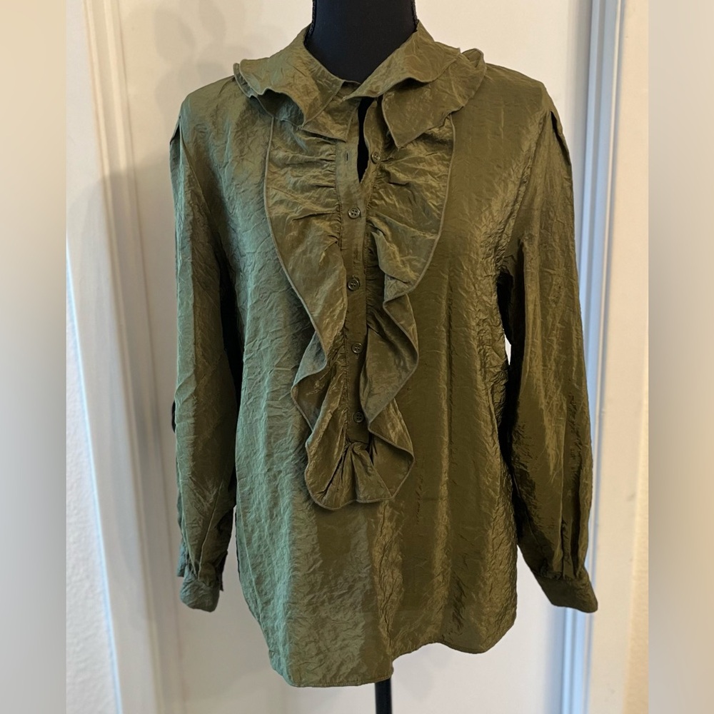 Zara Green Front Ruffle Button Down Blouse Size Small